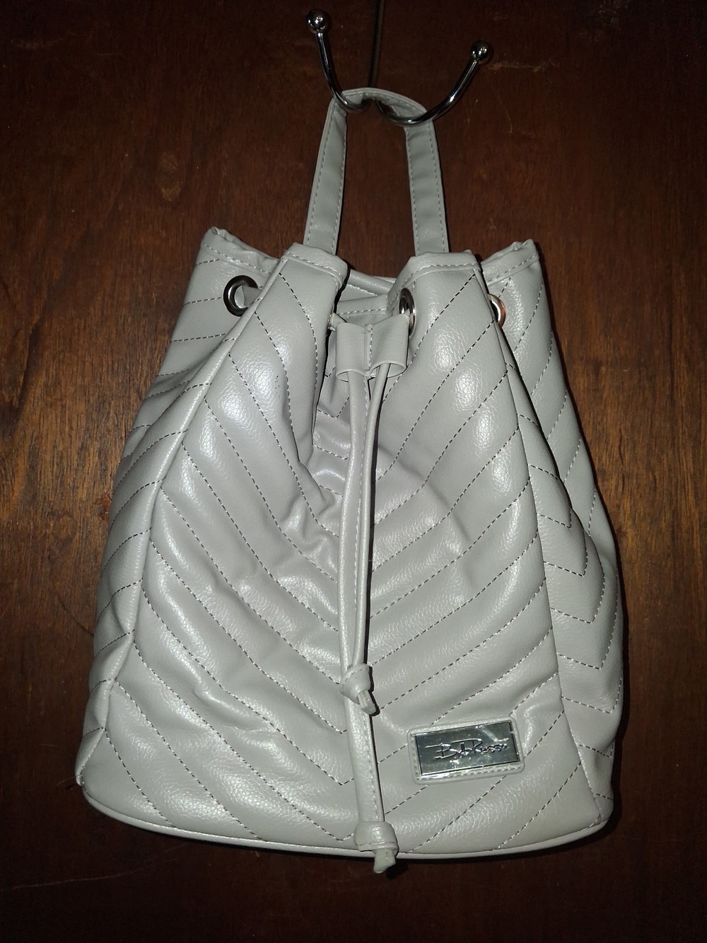 NEW BellaRusso Quilted Vegan Leather Drawstring Bucket Bag - Heather Gray